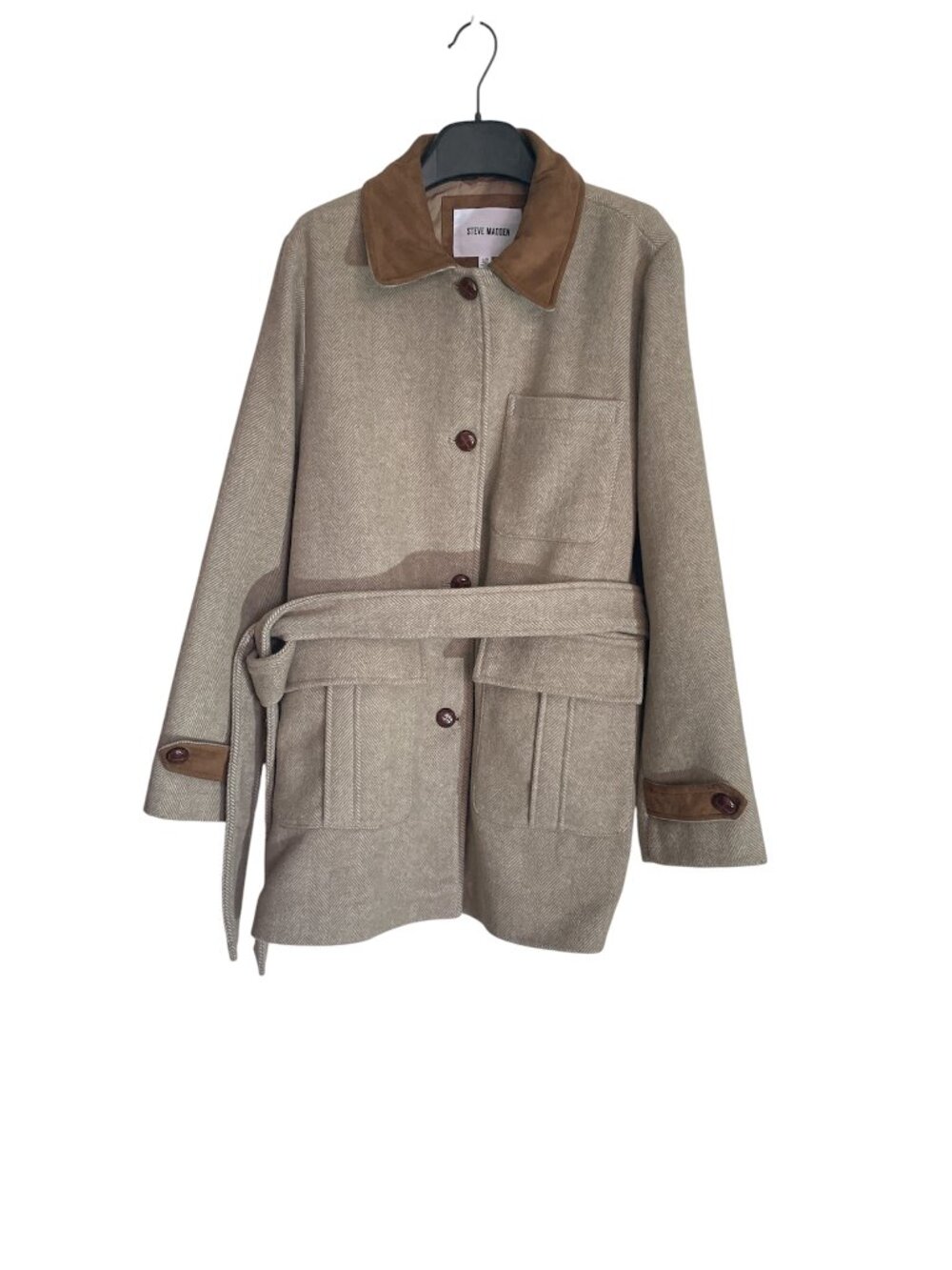 Steve Madden Women's Belted Single-Breasted Jacket with Brown Suede Accents sz L